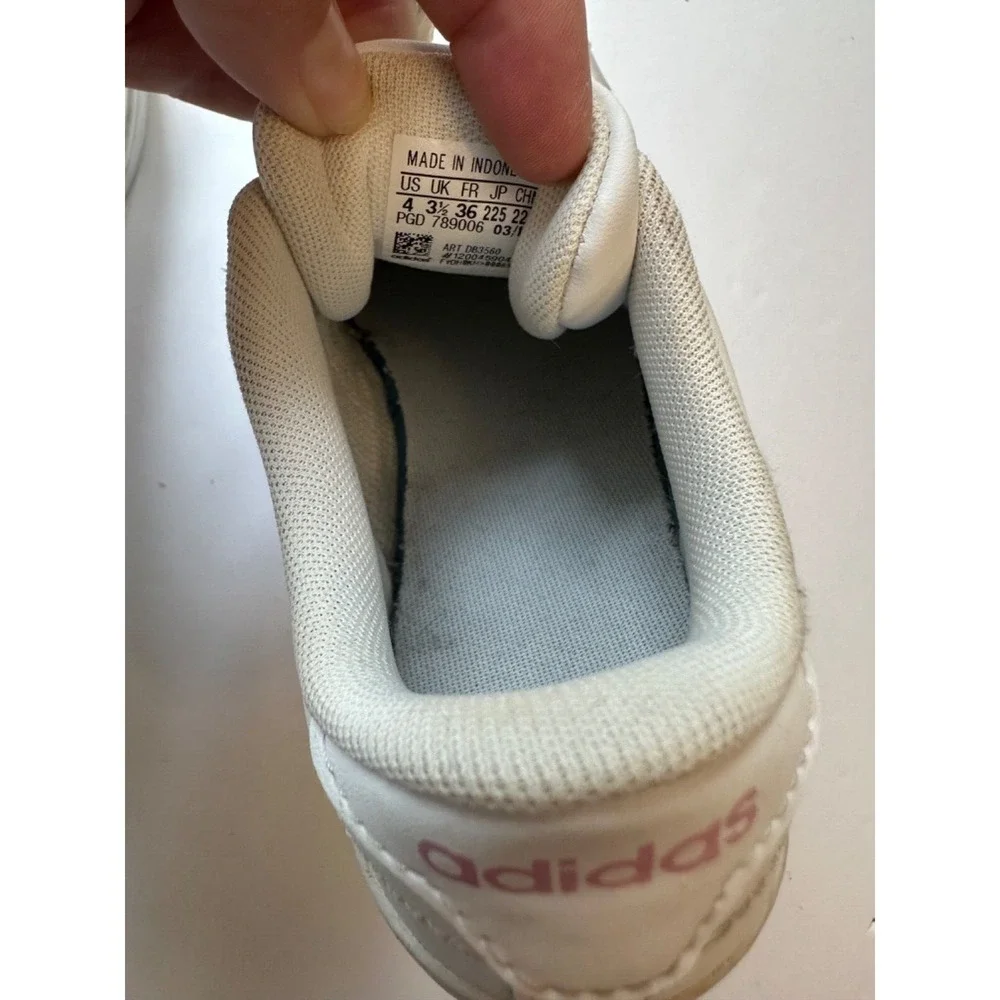 Adidas Youth Size‎ 4 White Leather Sneakers with Lavender Stripes